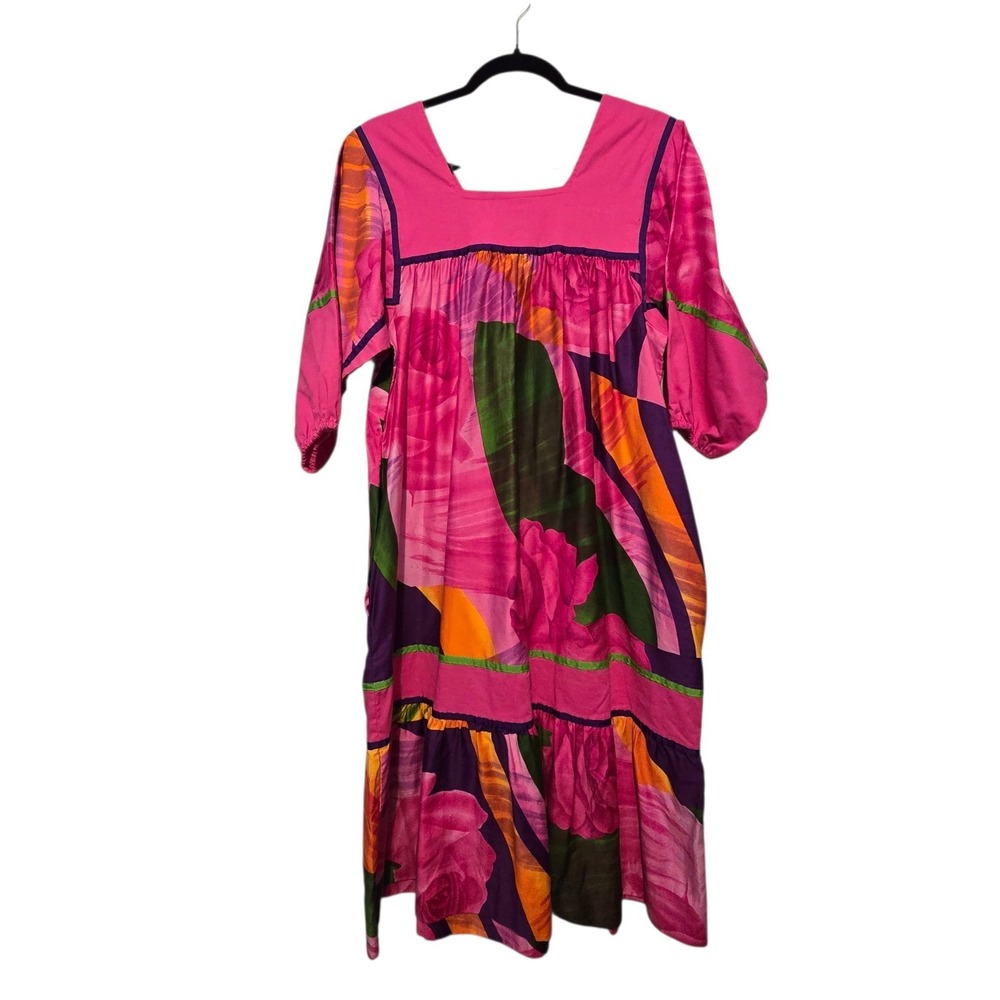 Vtg 70s 80s Gudnason California Caftan Mumu Dress Sz Petite Hawaiian Floral EUC